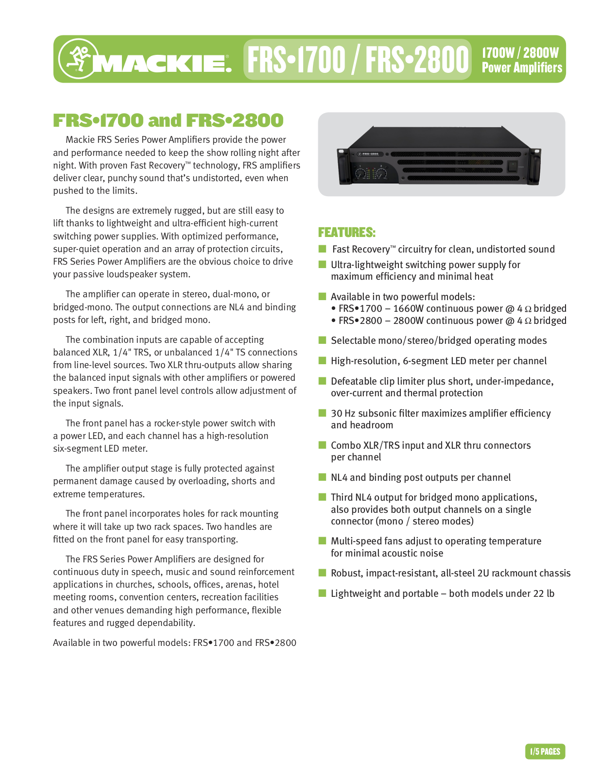 Mackie frs 1700, FRS-2800 Specifications