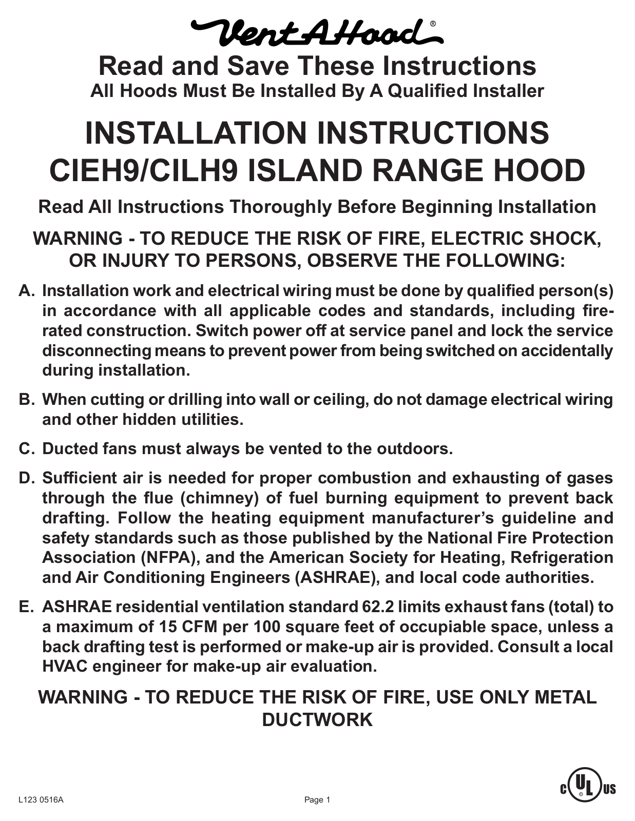 Vent-A-Hood CIEH9-2 260 SPECIFICATIONS