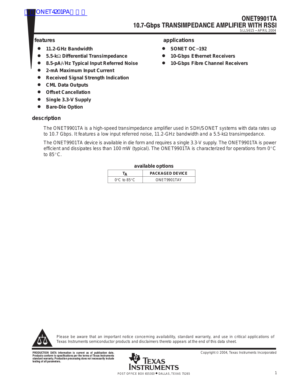 TEXAS INSTRUMENTS ONET9901TA Technical data