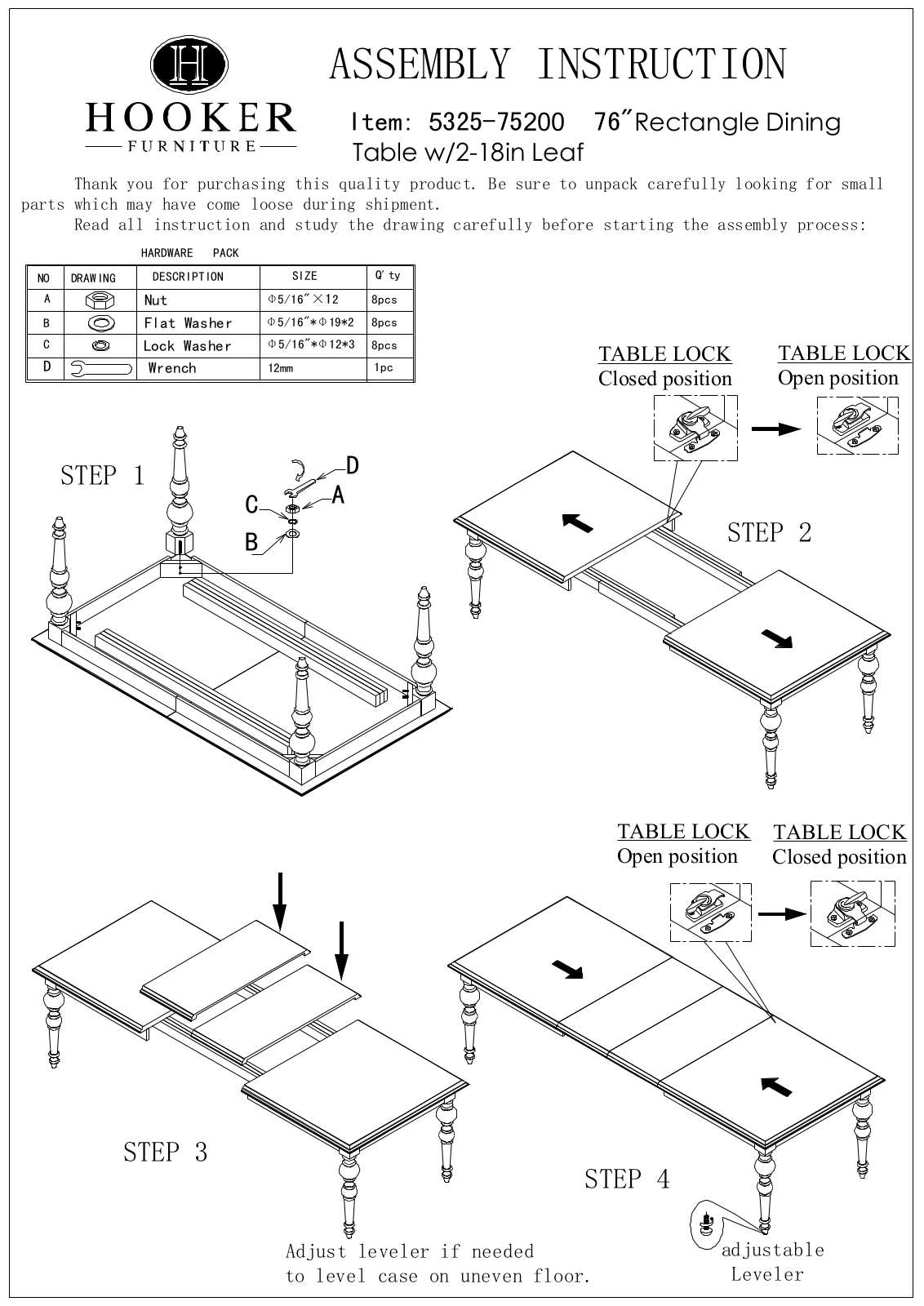 Hooker Furniture 532575200 Assembly Guide