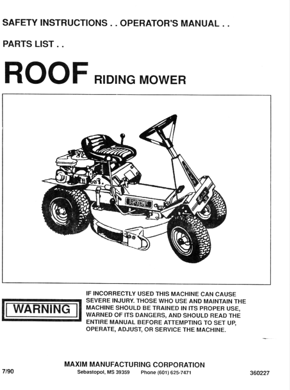 Maxim Roof Riding Mower User Manual