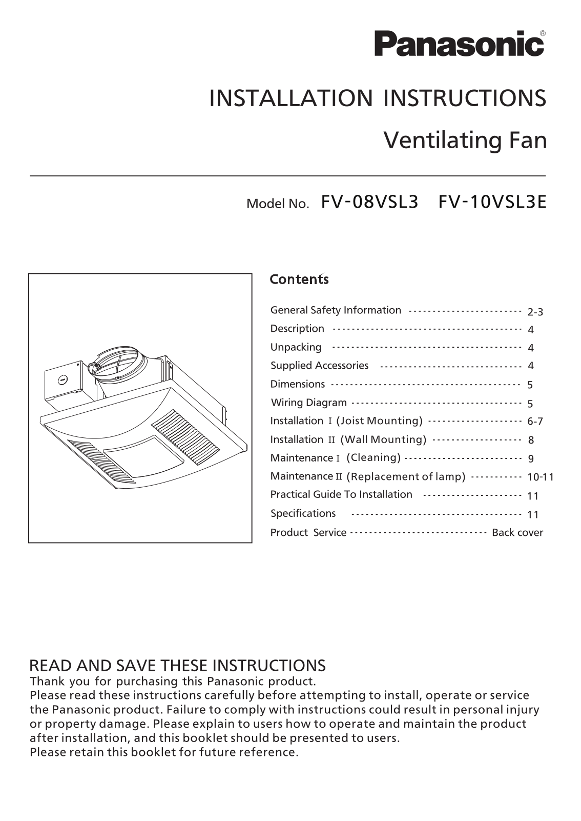 Panasonic FV-10VSL3E, FV-08VSL3 User Manual