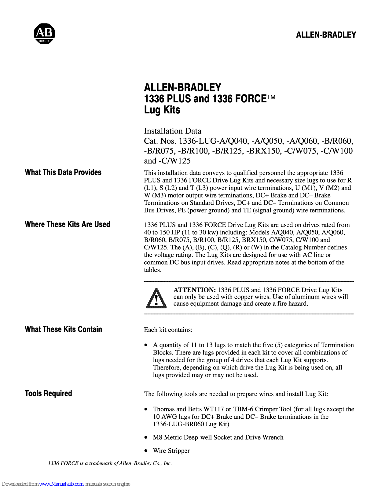 Allen-Bradley 1336-LUG-A050, 1336-LUG-Q050, 1336-LUG-A060, 1336-LUG-Q060, 1336-LUG-R060 Installation Data