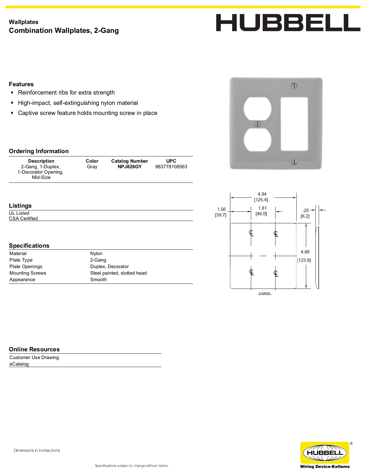 Hubbell NPJ826GY Specifications