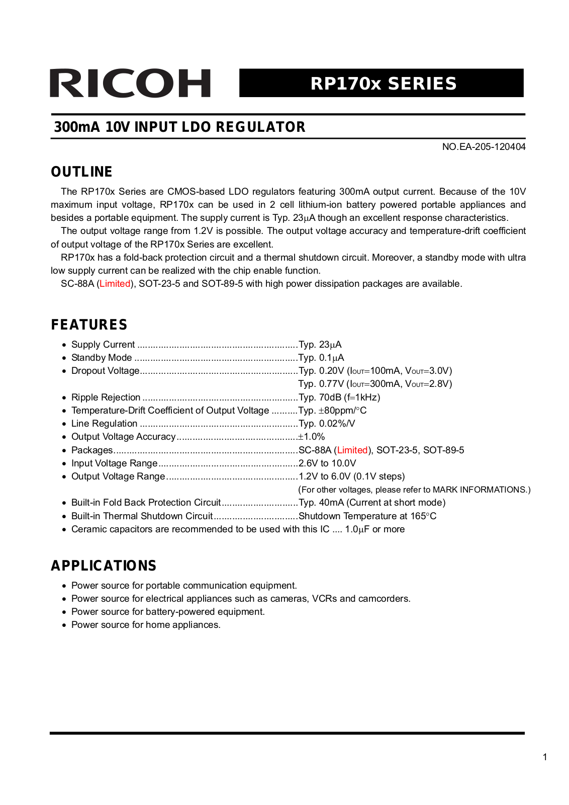 RICOH RP170x Technical data