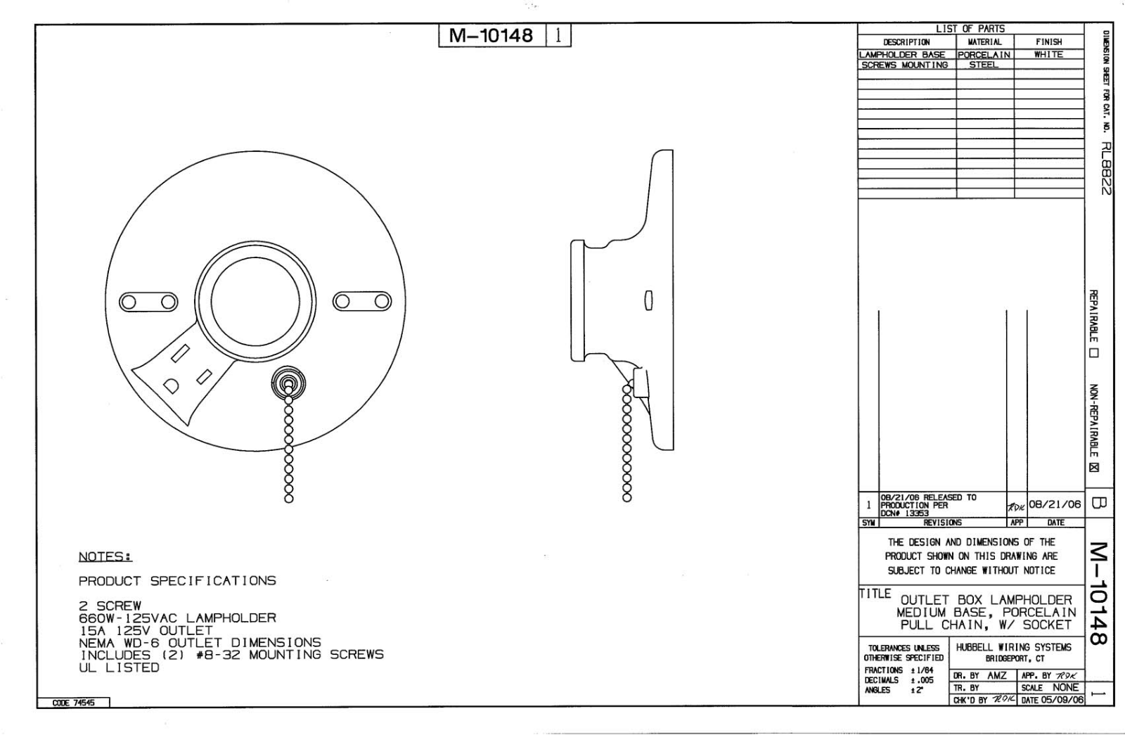 Hubbell RL8822 Reference Drawing