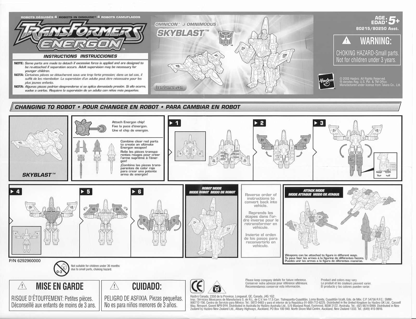 HASBRO Transformers Energon Skyblast User Manual