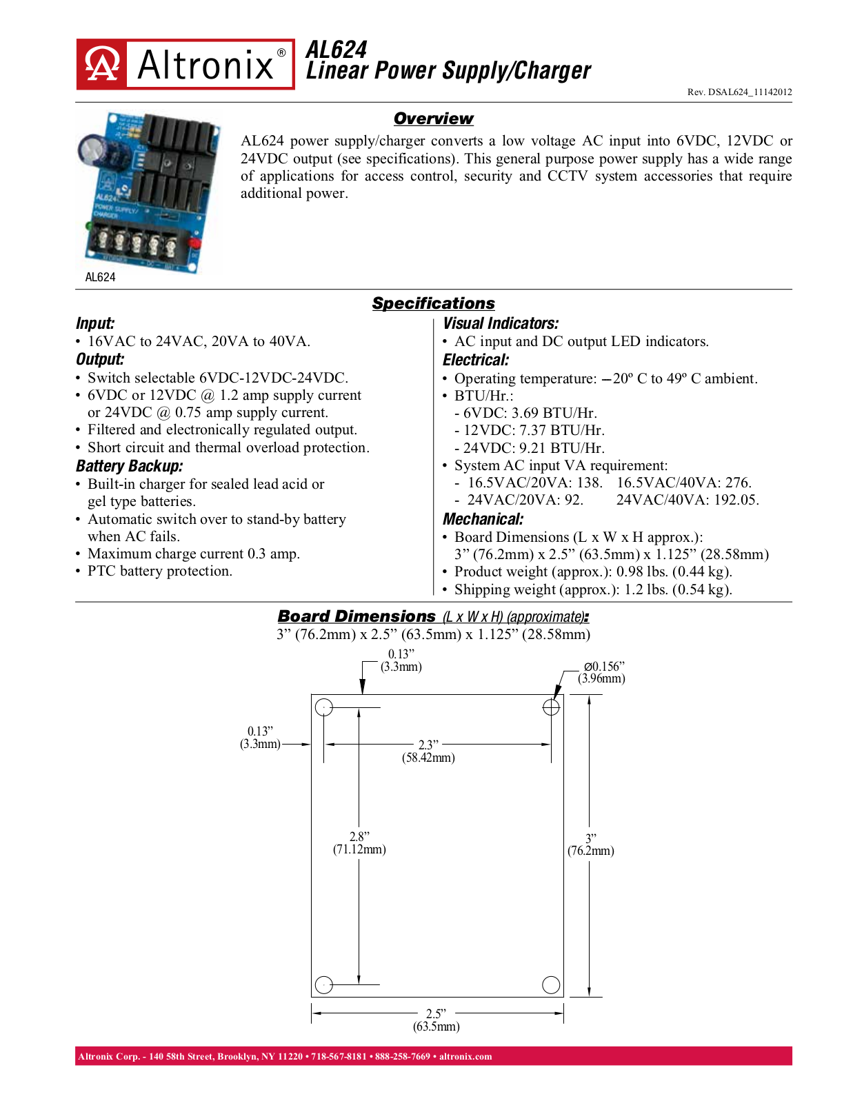 Altronix AL624 Specsheet