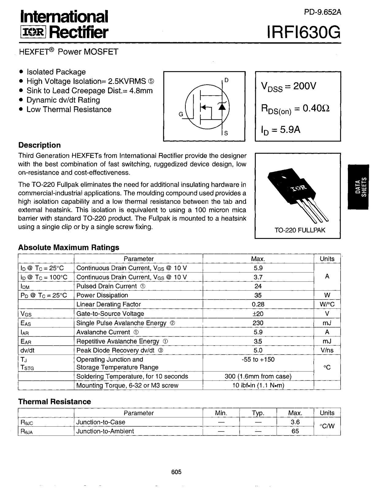 International Rectifier IRFI630G Datasheet