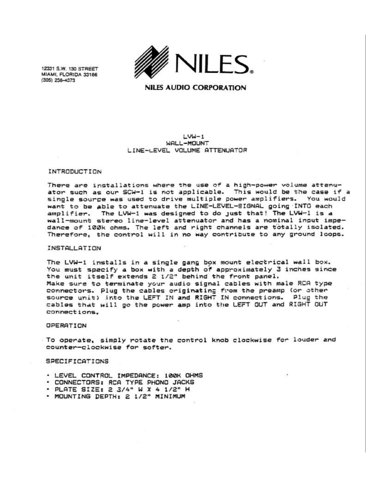 Niles LVW-1 Owner's Manual