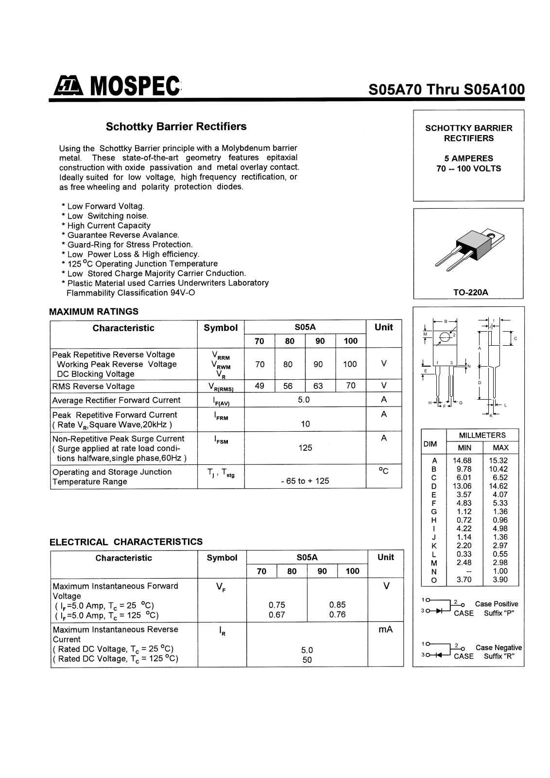 MOSPEC S05A100P, S05A100R, S05A70P, S05A70R, S05A80P Datasheet