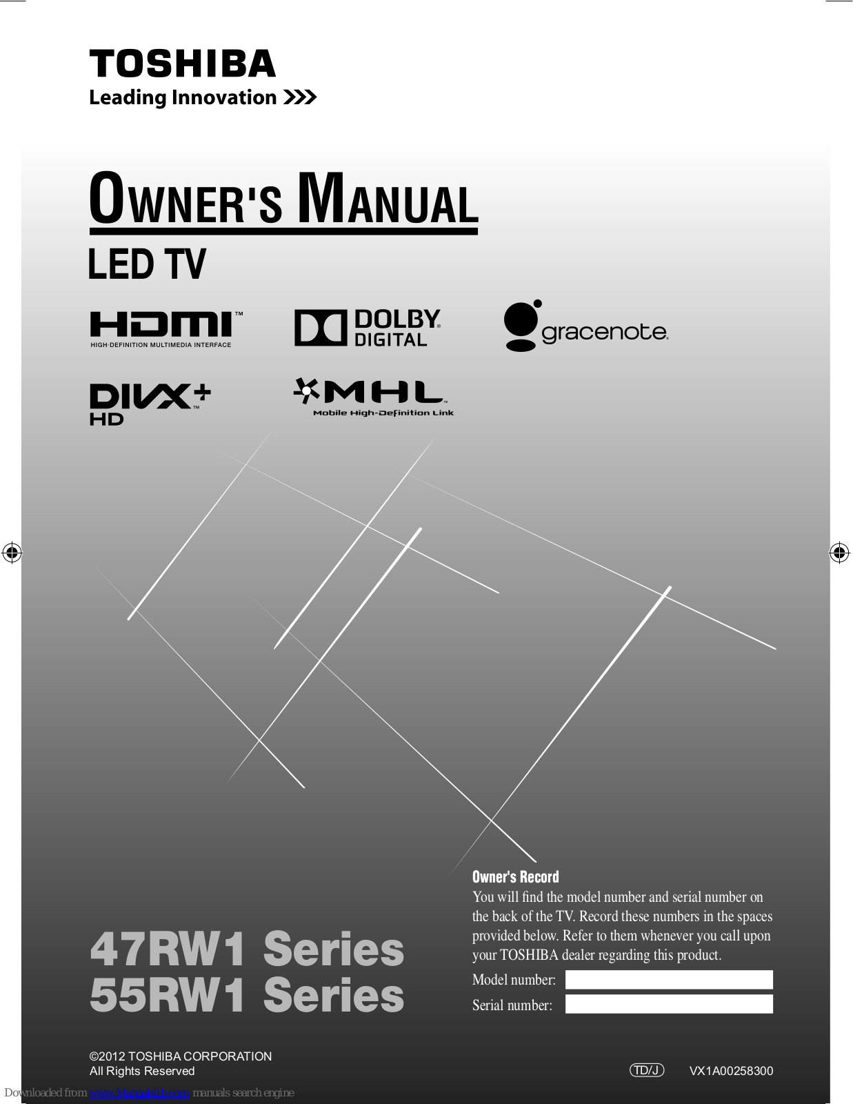 Toshiba 47RW1 Series, 55RW1 Series Owner's Manual