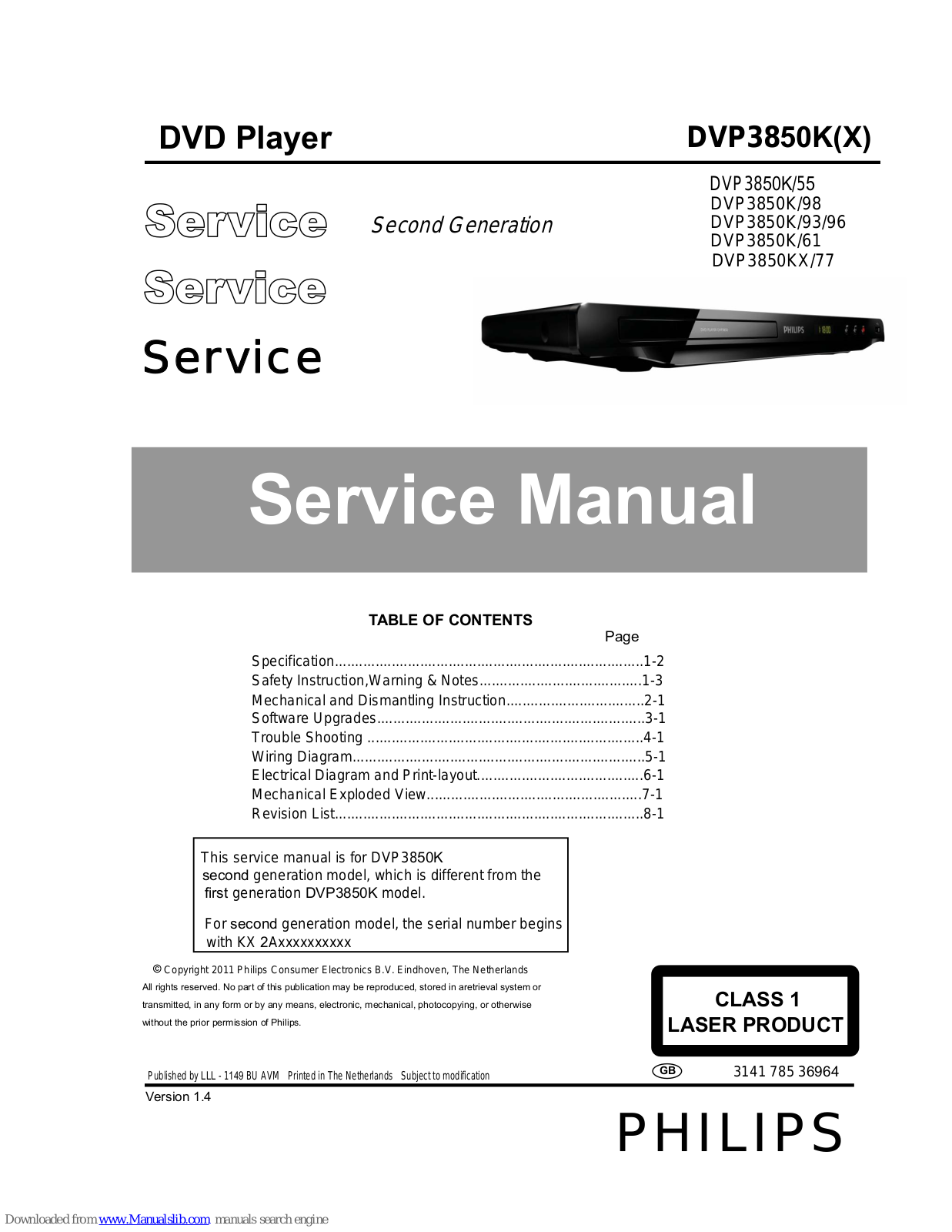 Philips DVP3850K/55, DVP3850KX/77, DVP3850K/93/96, DVP3850K/98, DVP3850K/61 Service Manual