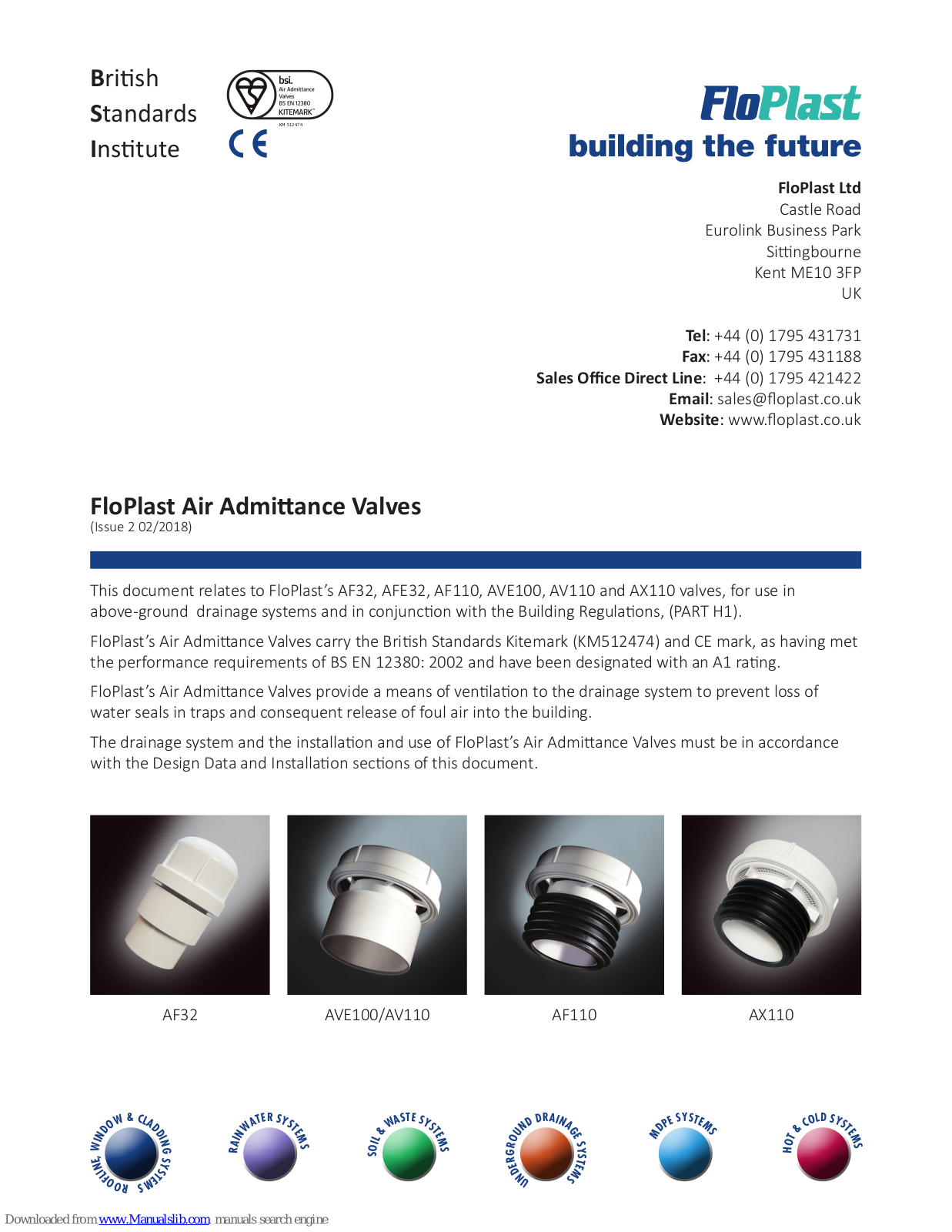 FloPlast AF32, AVE100, AFE32, AF110, AV110 Installation Manual