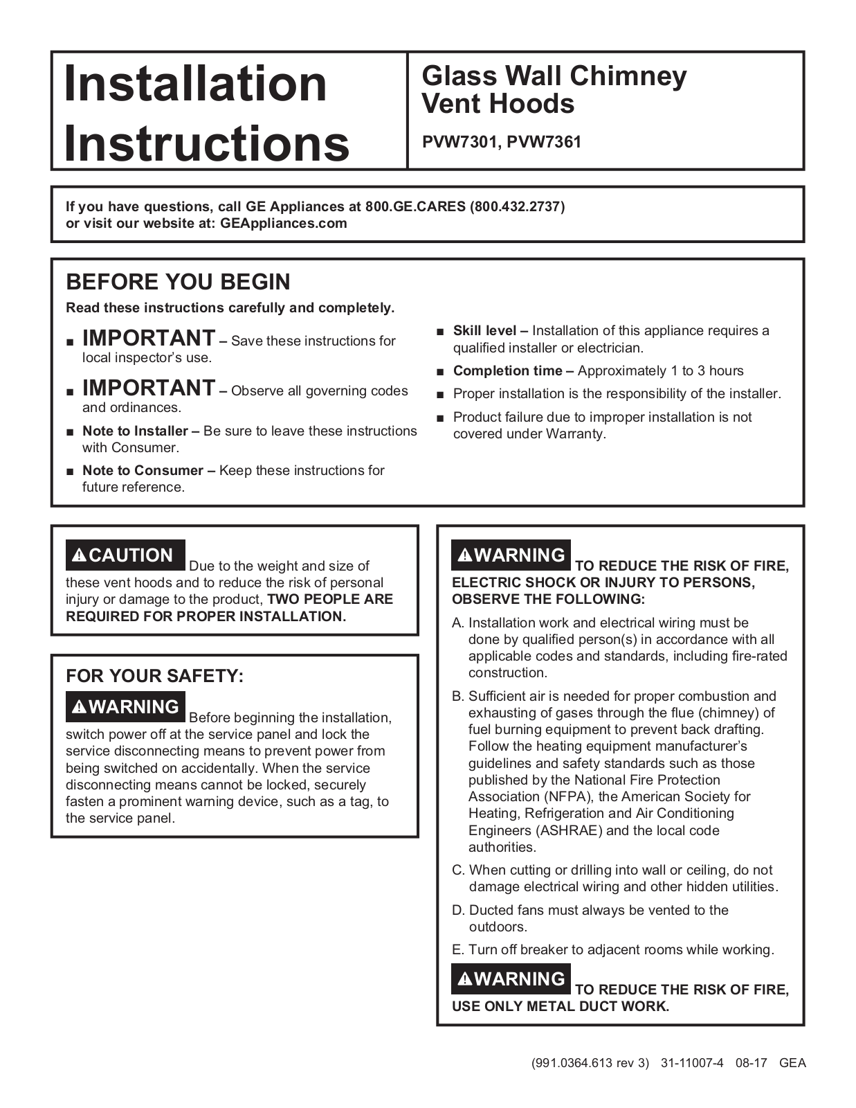 GE PVW7301, PVW7361 Installation Instructions