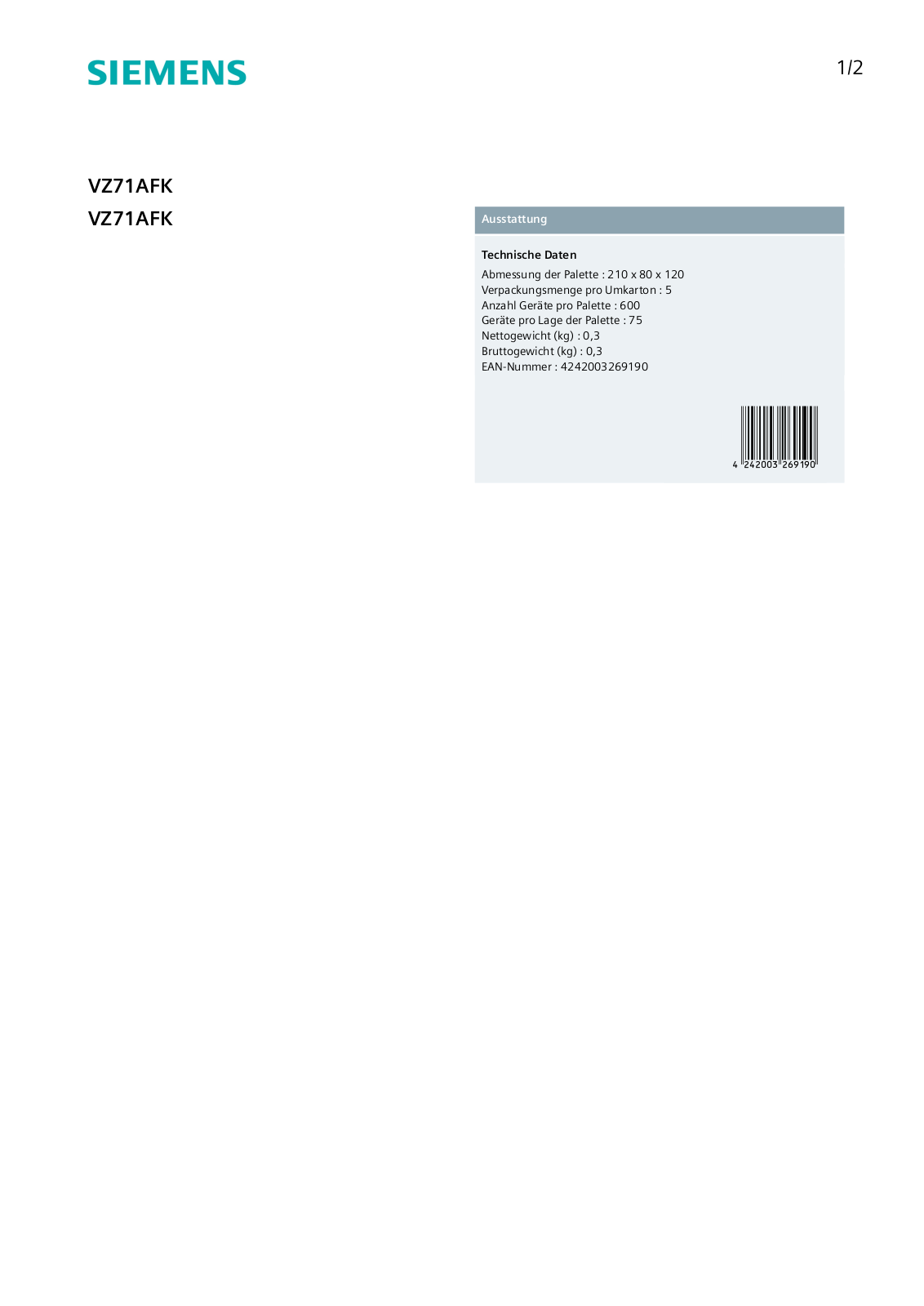 Siemens VZ71AFK User Manual