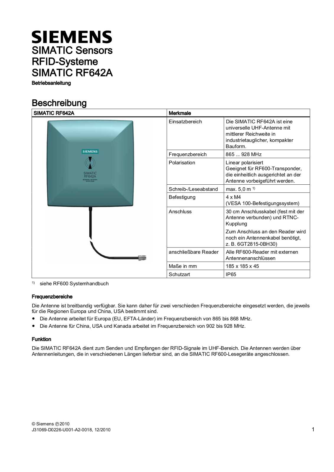 Siemens SIMATIC RF642A Operating Instructions Manual