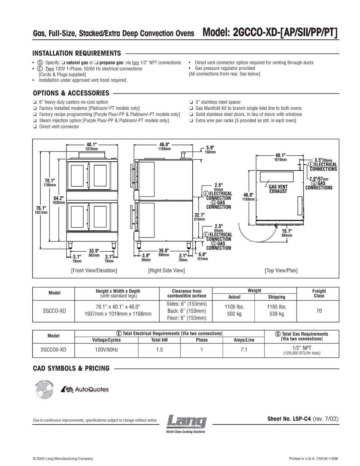 Lang Manufacturing 2GCC0-XD-PP User Manual