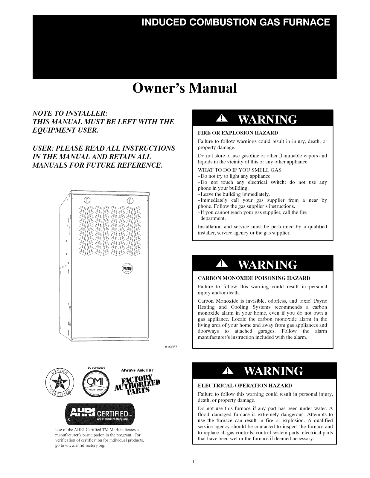 Payne PG8MAA048070, PG8MAA066135AAJA, PG8MAA066110AAJA, PG8MAA066110, PG8MAA048110AAJA Owner’s Manual