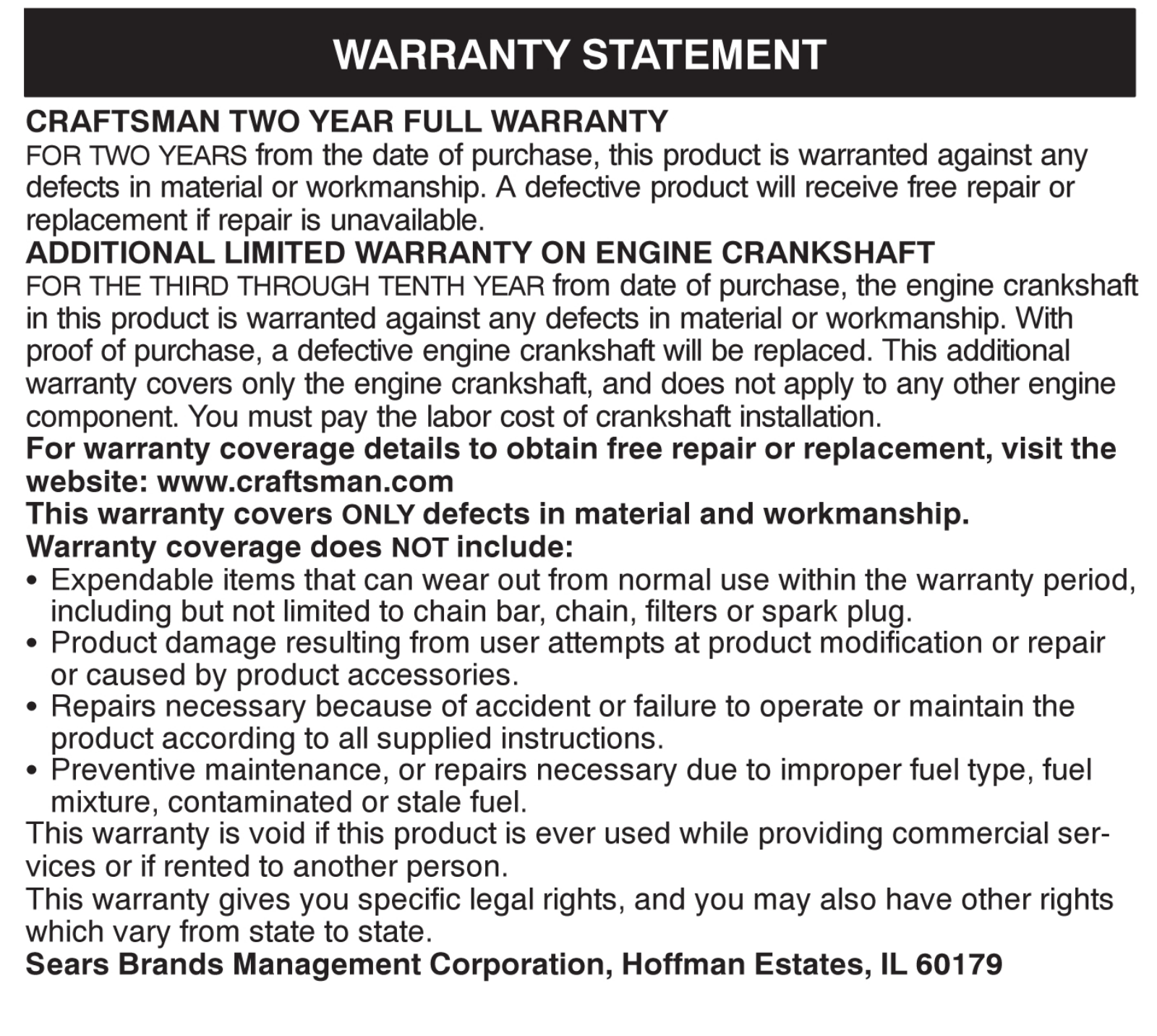 Craftsman Pro 38cc 16 Gas Chainsaw Manufacturer's Warranty