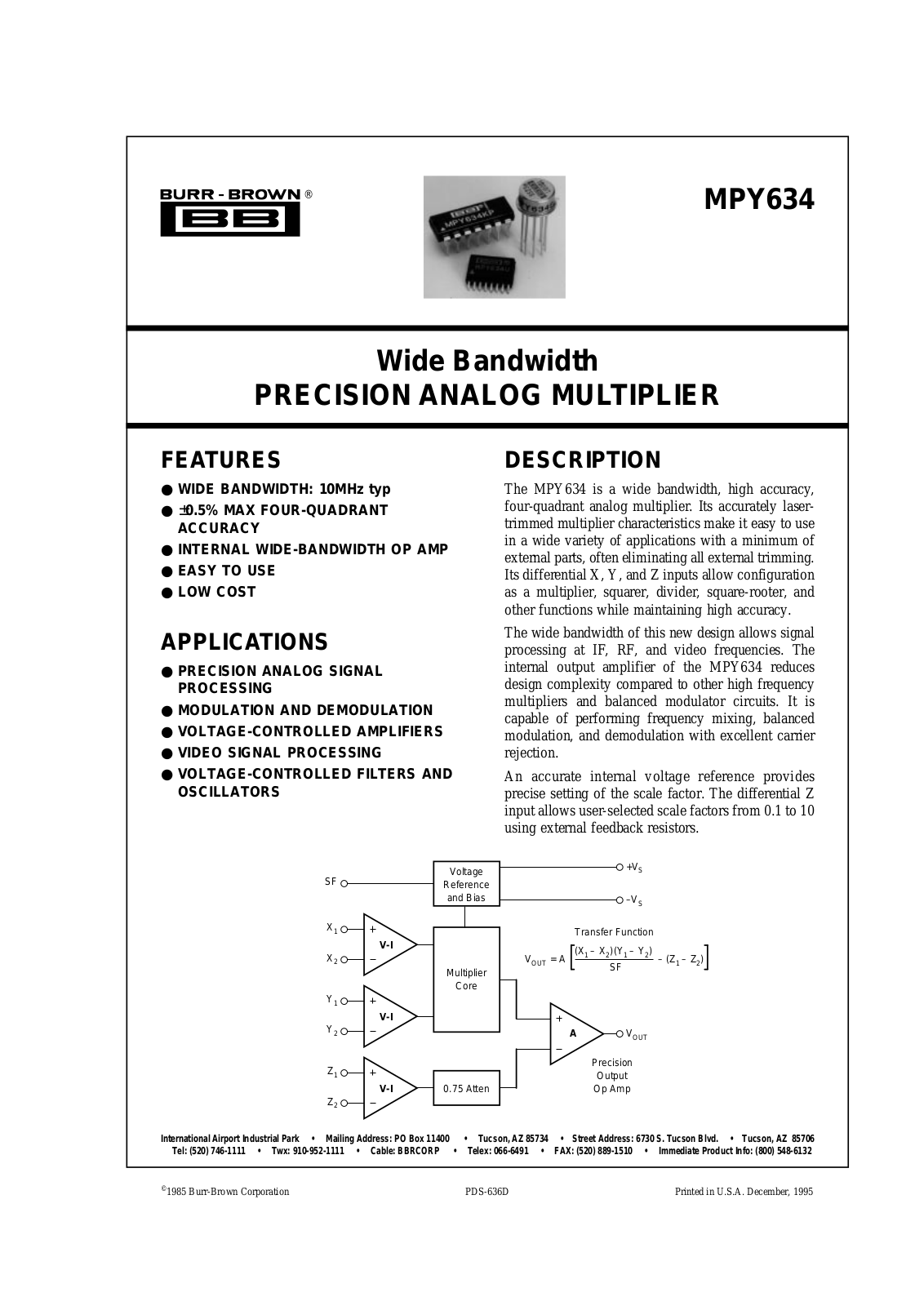 Burr Brown MPY534KH, MPY634KU, MPY634BM, MPY634AM, MPY534JH Datasheet