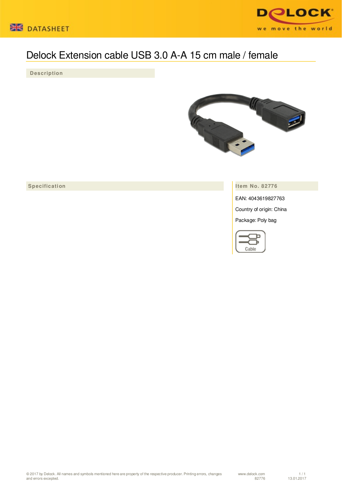 DeLOCK USB-A 3.0 to USB-A 3.0 extension cable m-w 0.15m User Manual