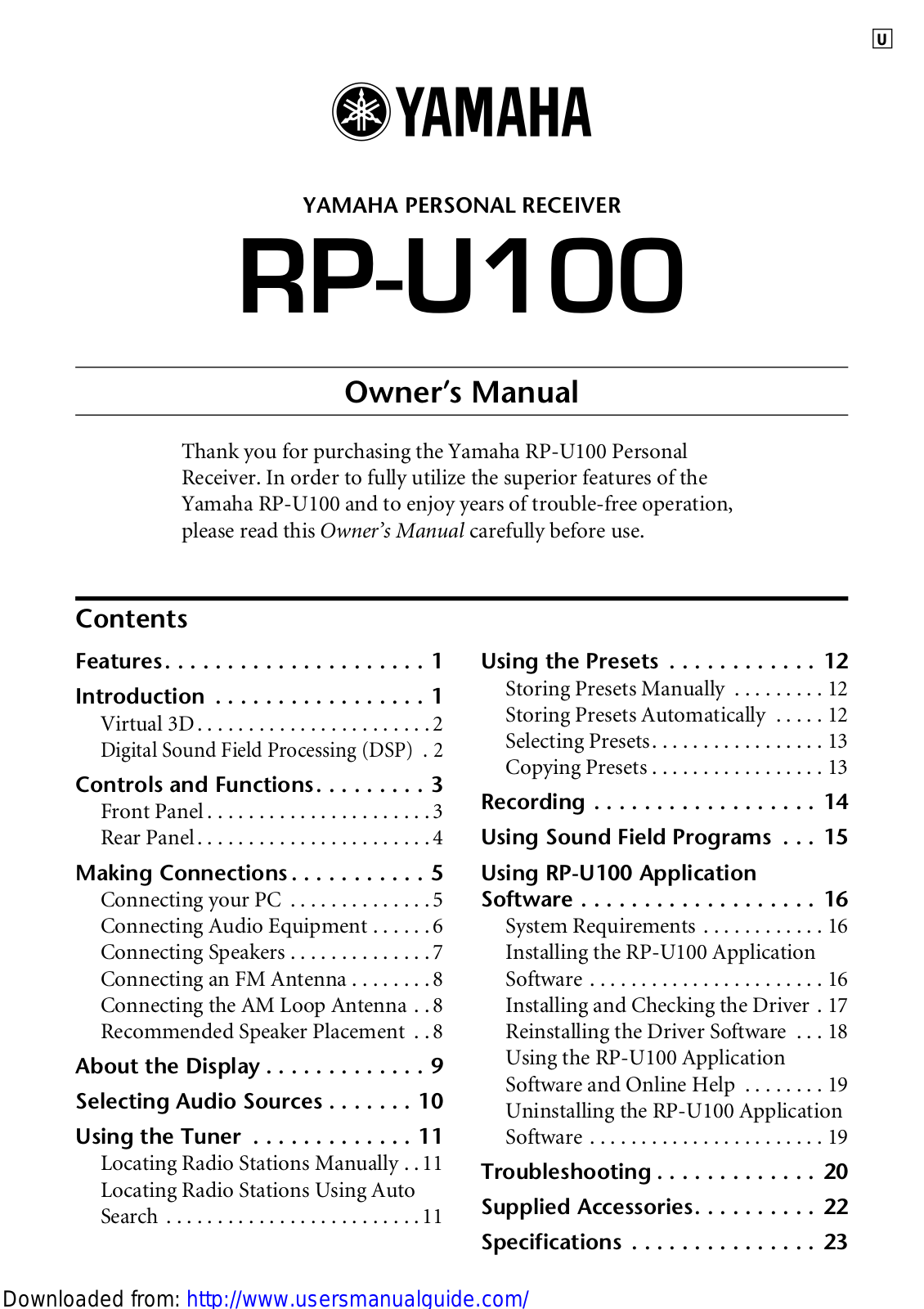 Yamaha Audio RP-U100 User Manual