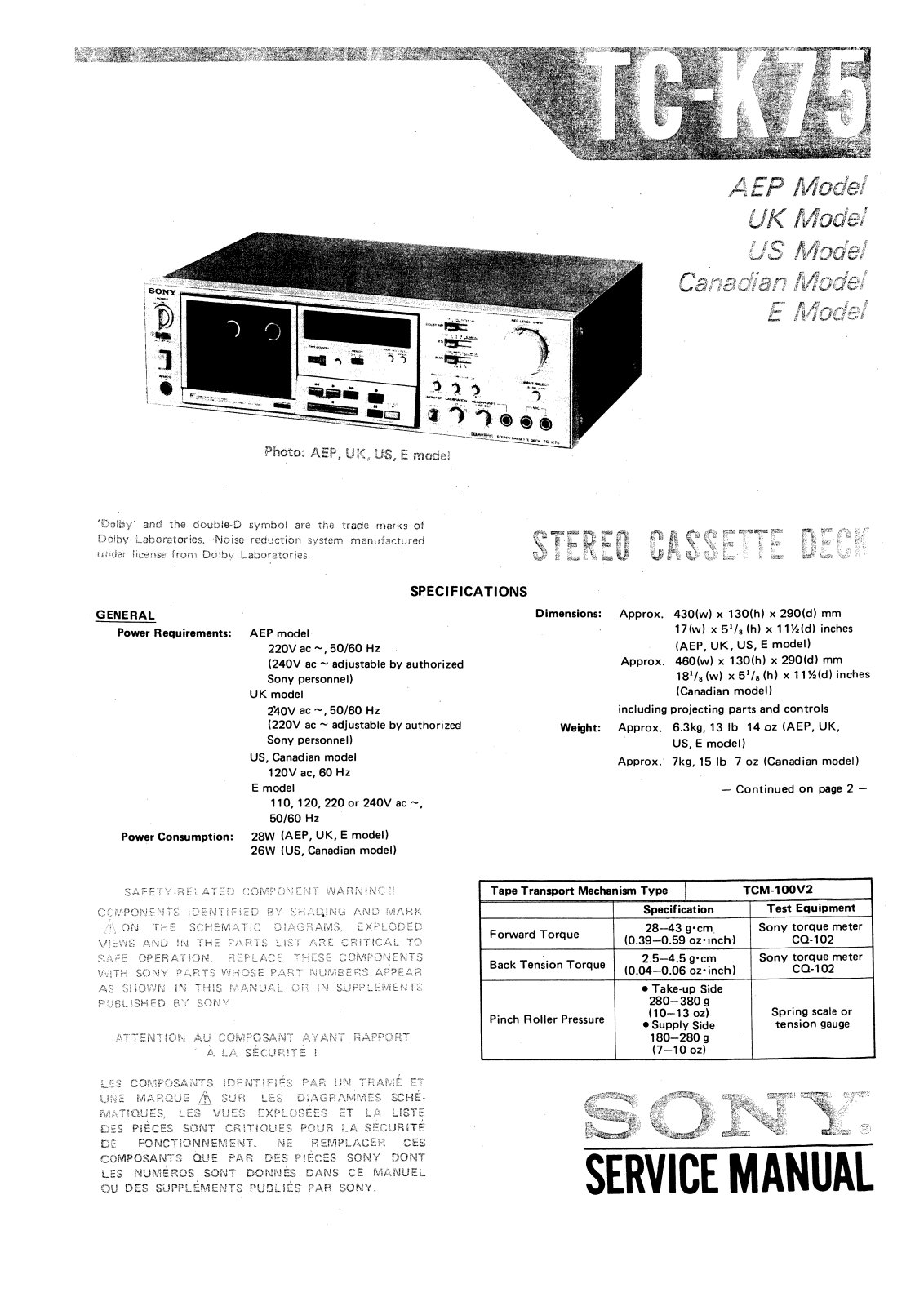 Sony TC-K75 Service Manual