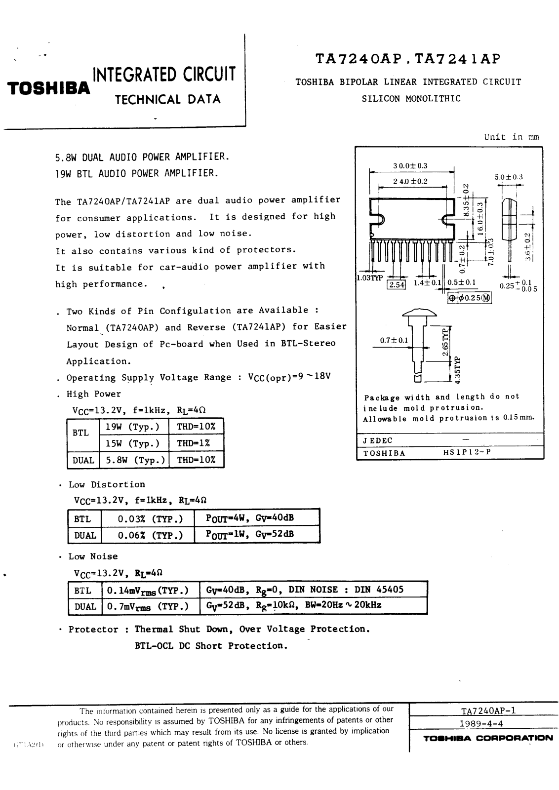 Toshiba TA7240, TA7241AP Datasheet