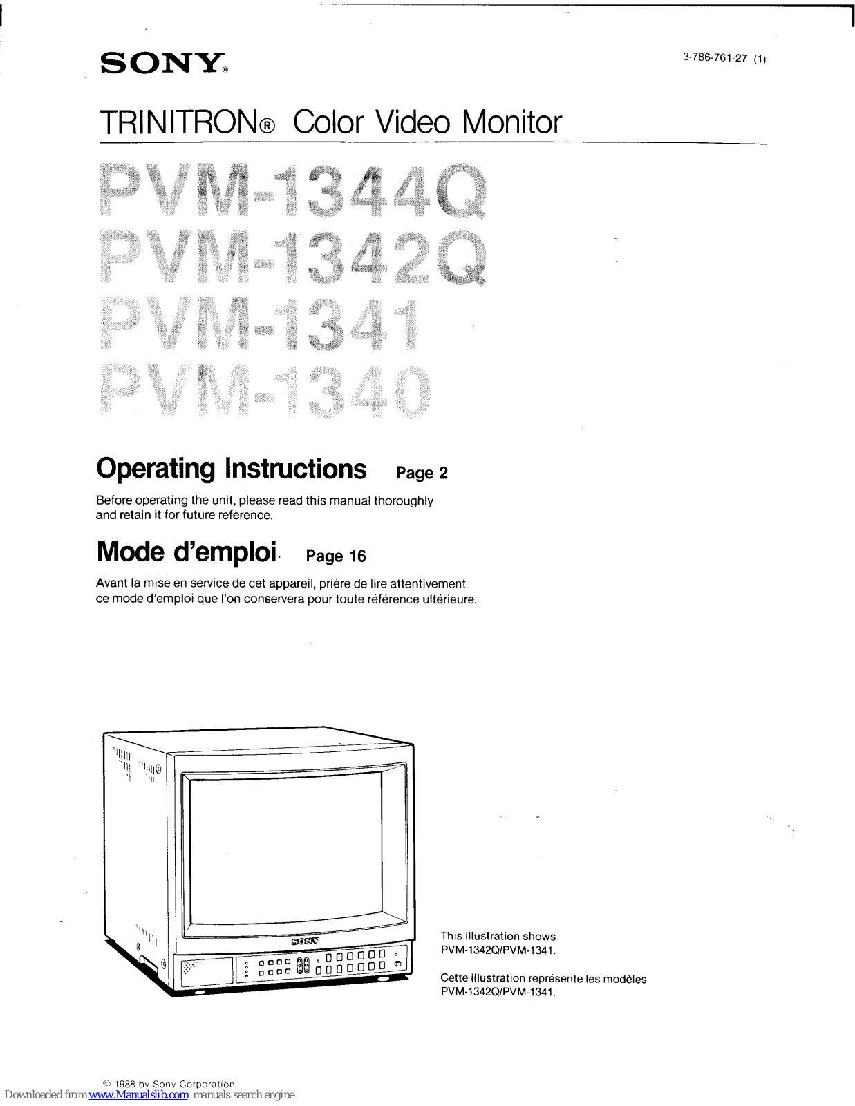 Sony Trinitron PVM-1341, Trinitron PVM-1342Q, Trinitron PVM-1344Q, Trinitron PVM-1340 Operating Instructions Manual