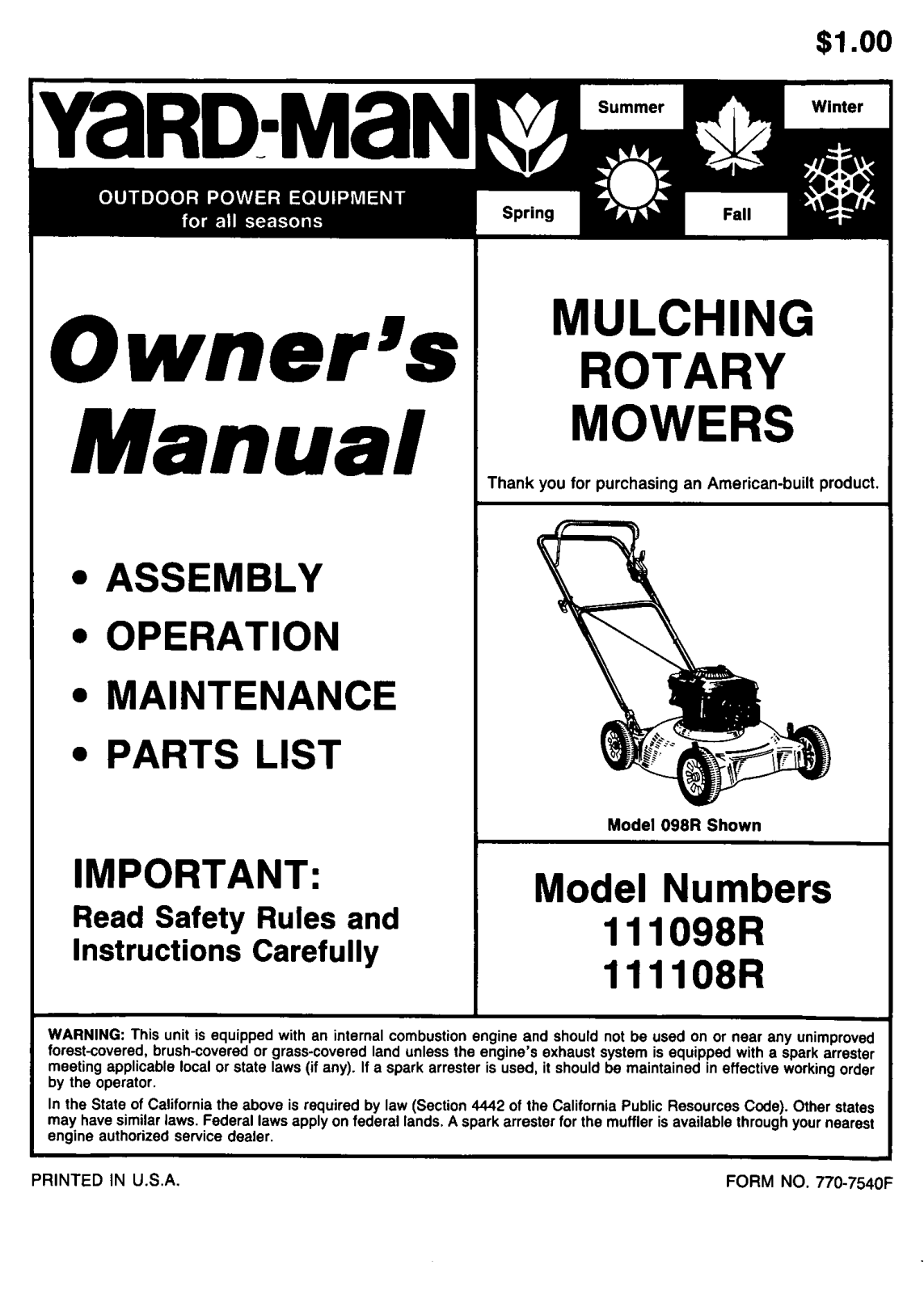 Yard-Man 111108R, 111098R User Manual