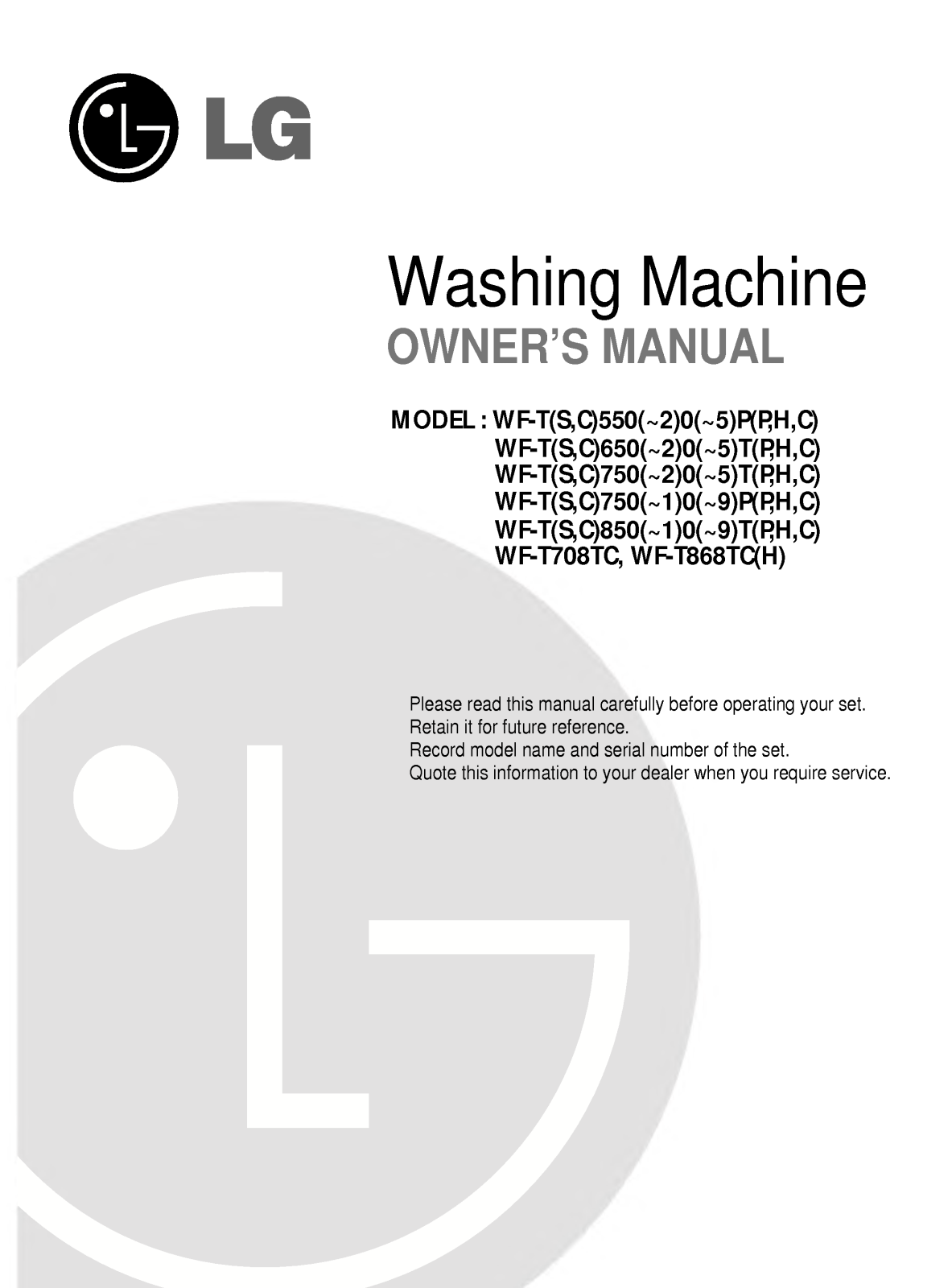 LG WTH70A60EH, WF-T7510TC, WTH90B60EH Manual
