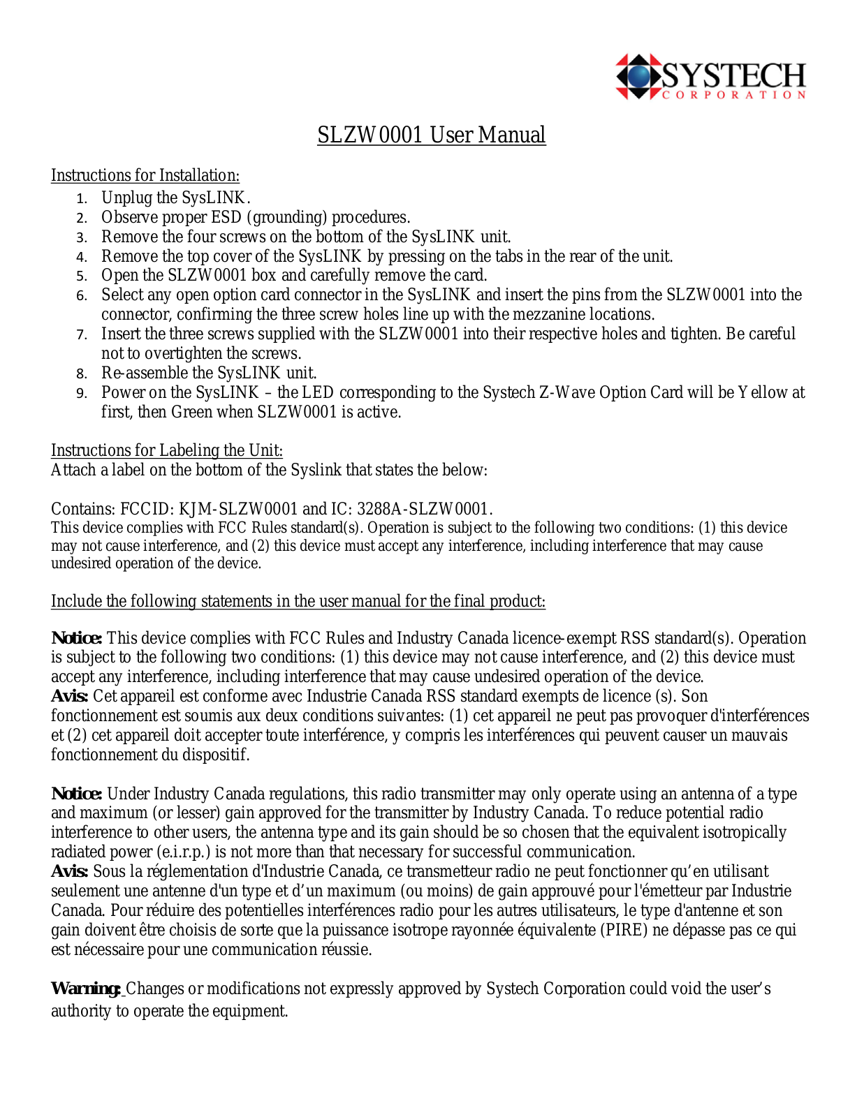 Systech SLZW0001 Users Manual