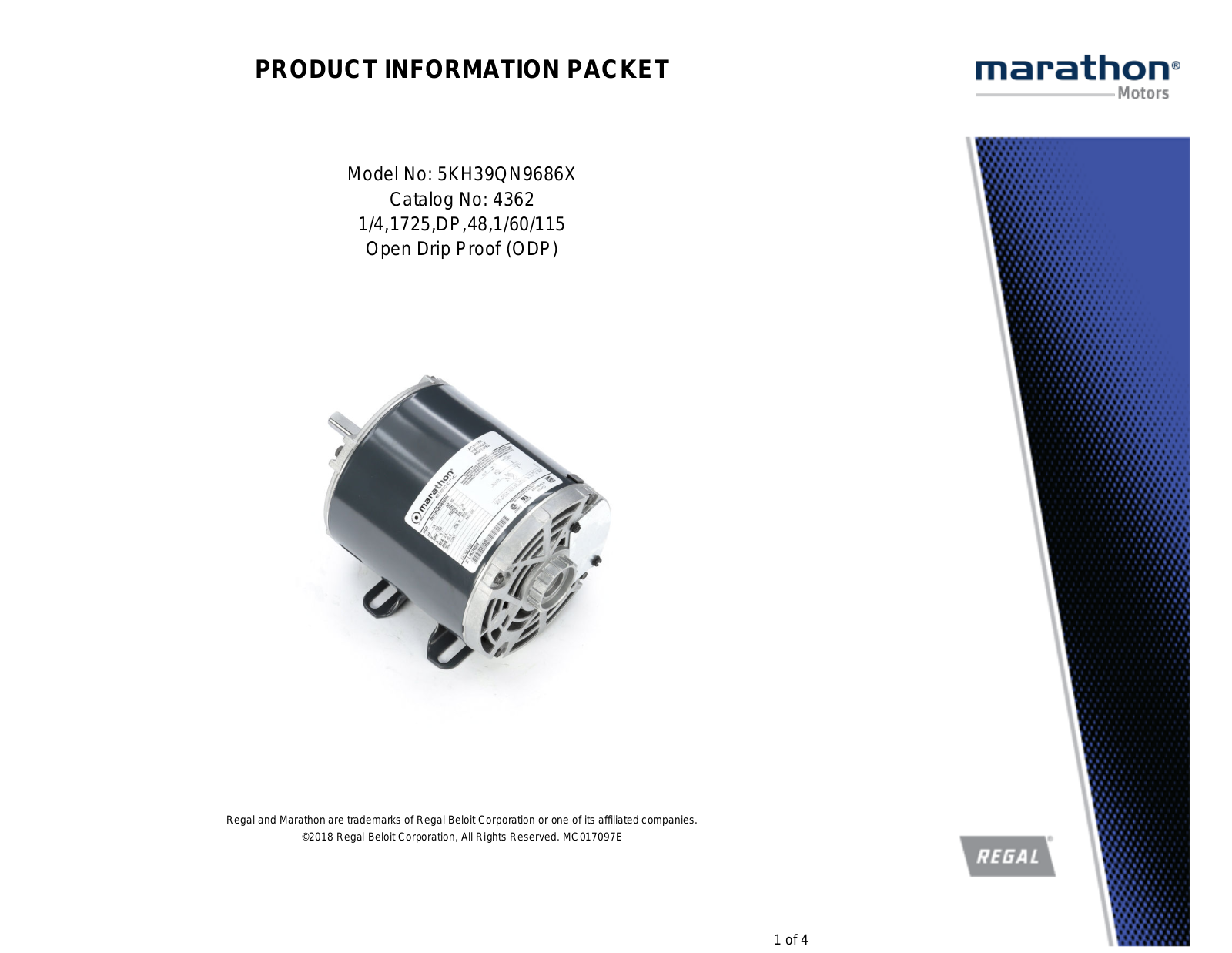 Marathon Electric 5KH39QN9686X Product Information Packet