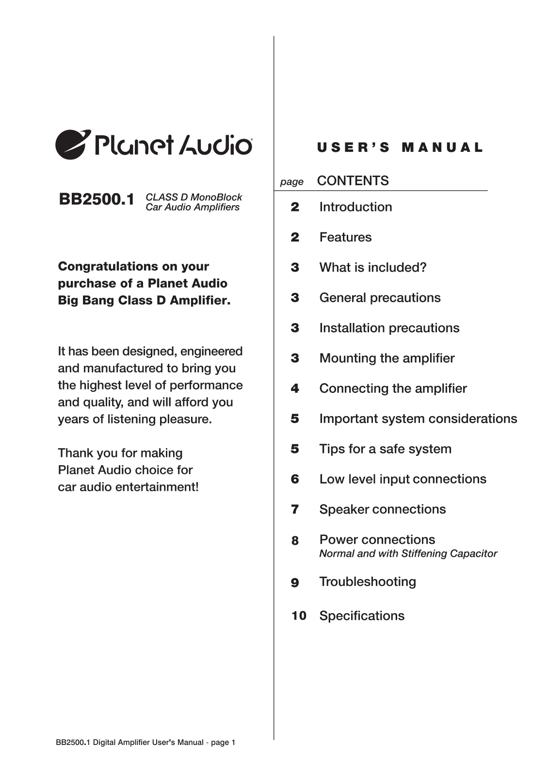 Planet Audio BB2500.1 User Manual