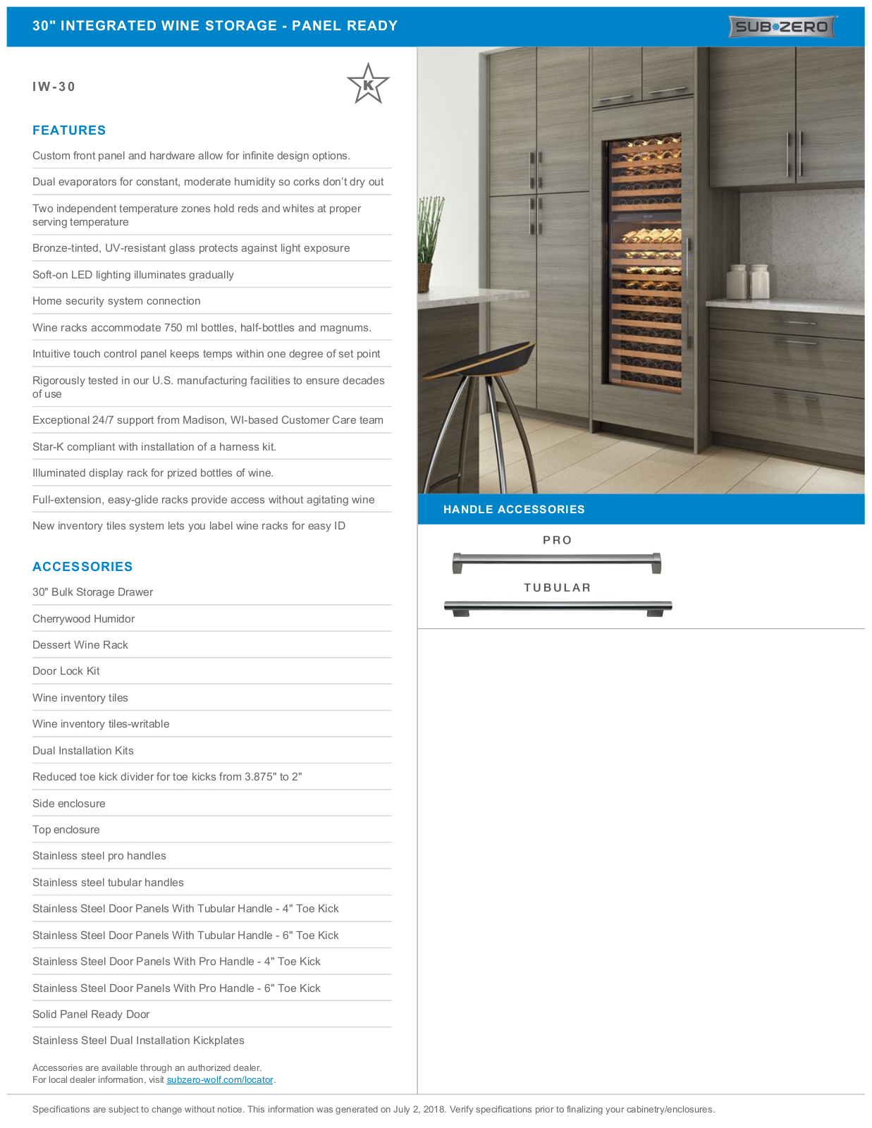 Sub-Zero IW-30 Specification Sheet