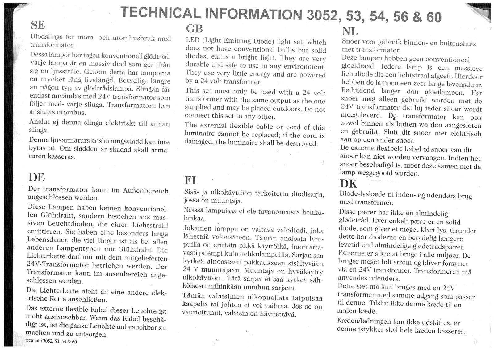 Konstsmide 3052, 3053, 3054, 3056, 3060 Technical Information