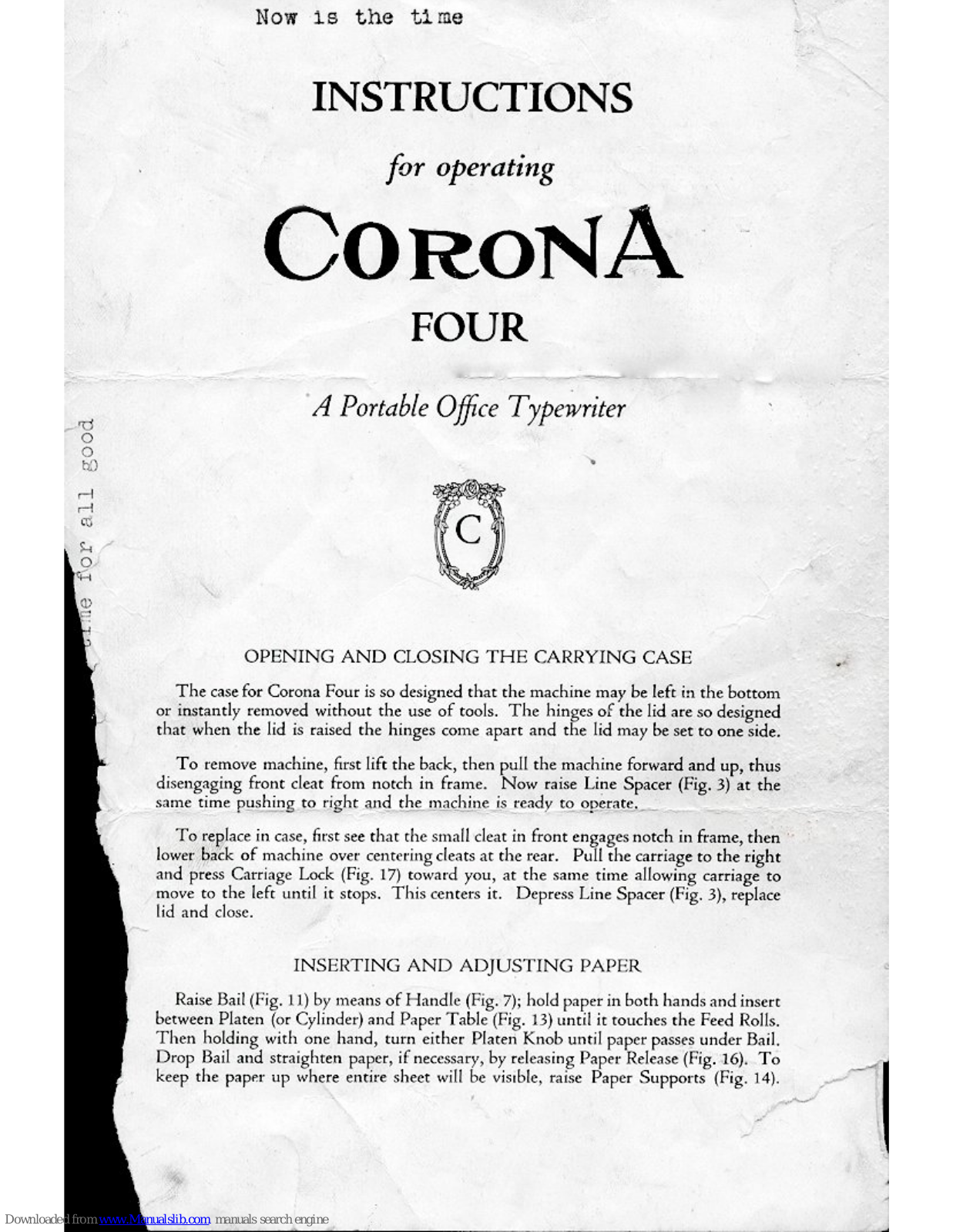 Corona Typewriter Corona Four Instructions For Operating Manual