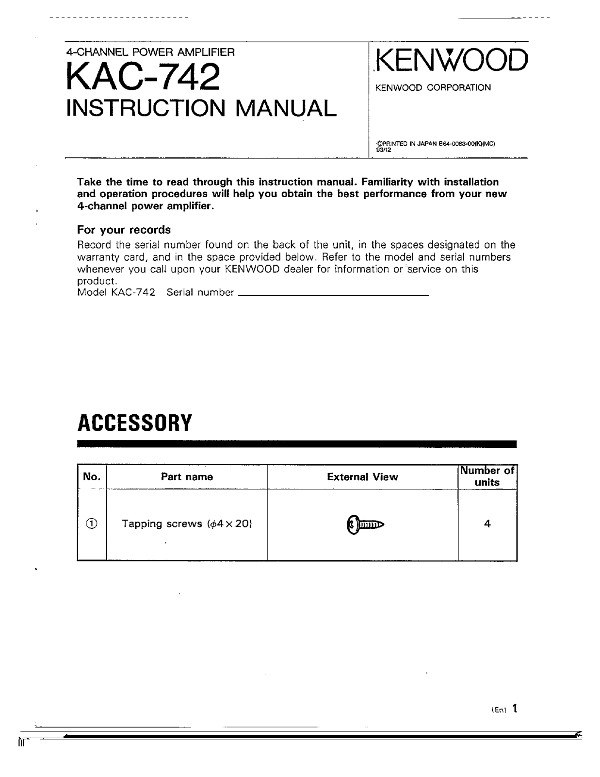 Kenwood KAC-742 Owner's Manual