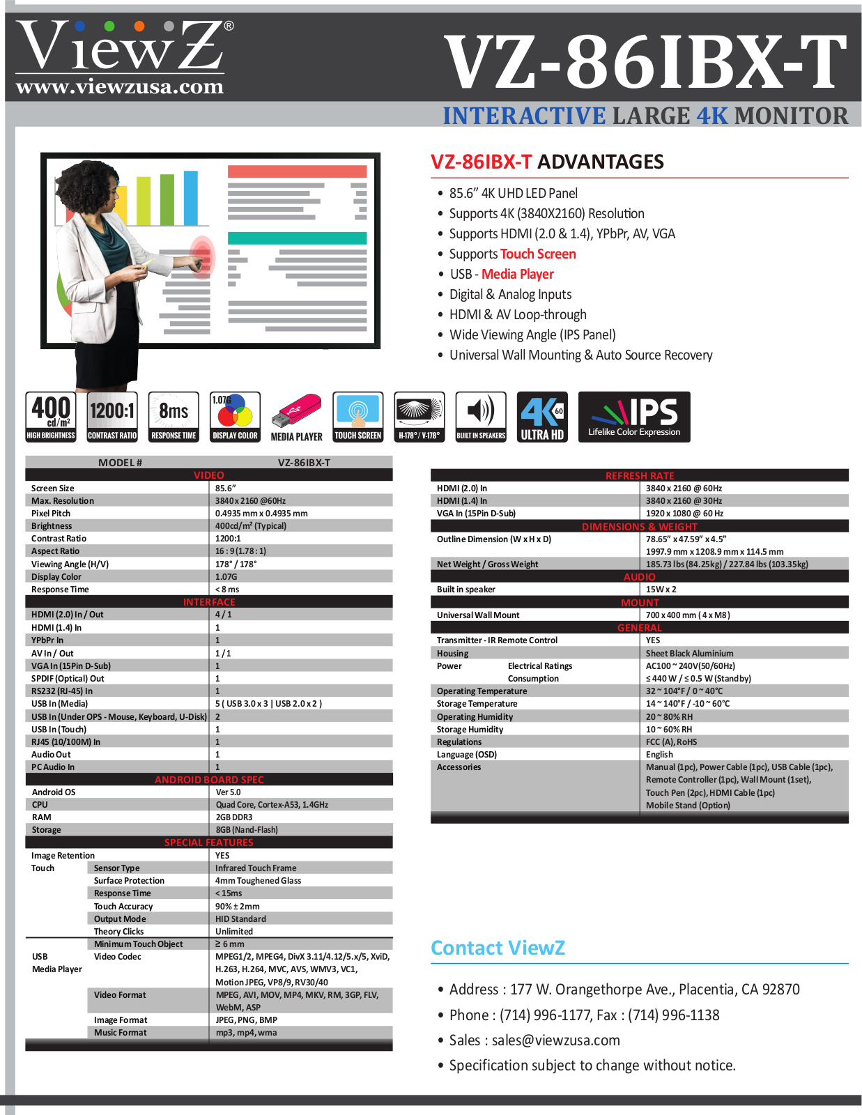 ViewZ VZ-86IBX-T Specsheet