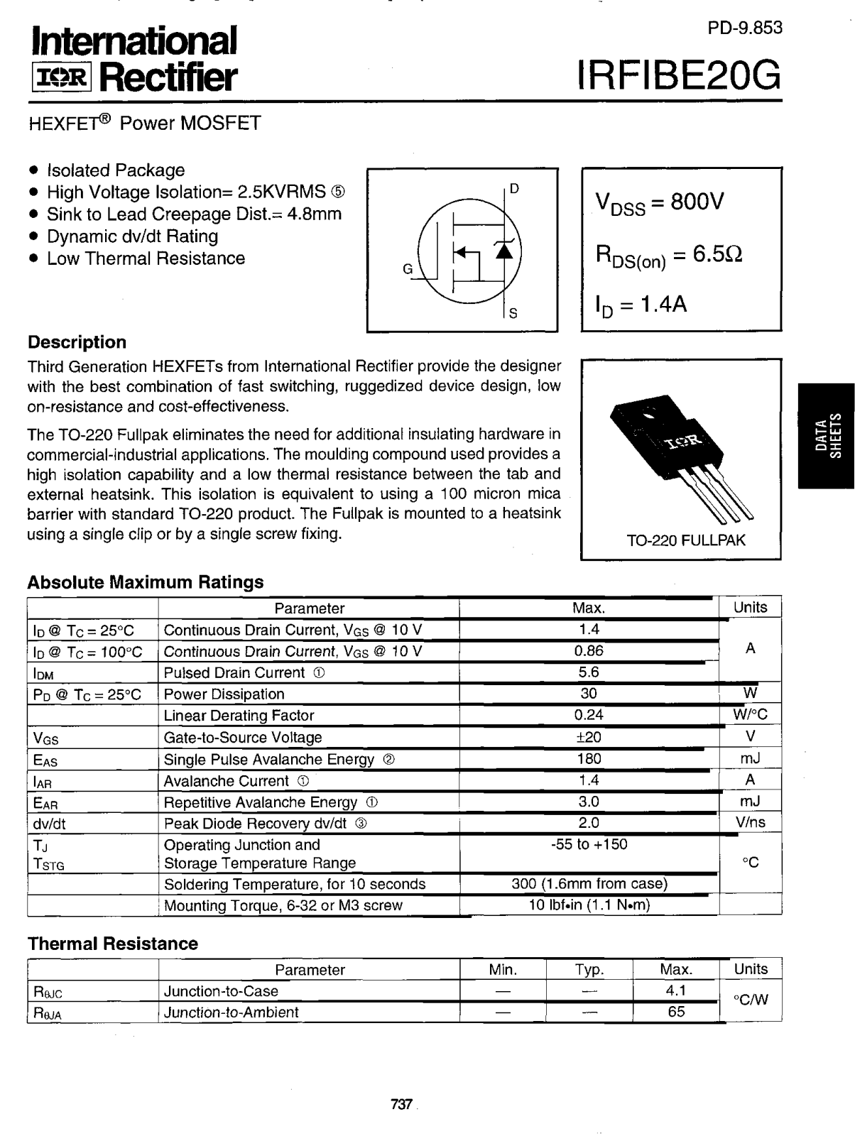 International Rectifier IRFIBE20G Datasheet