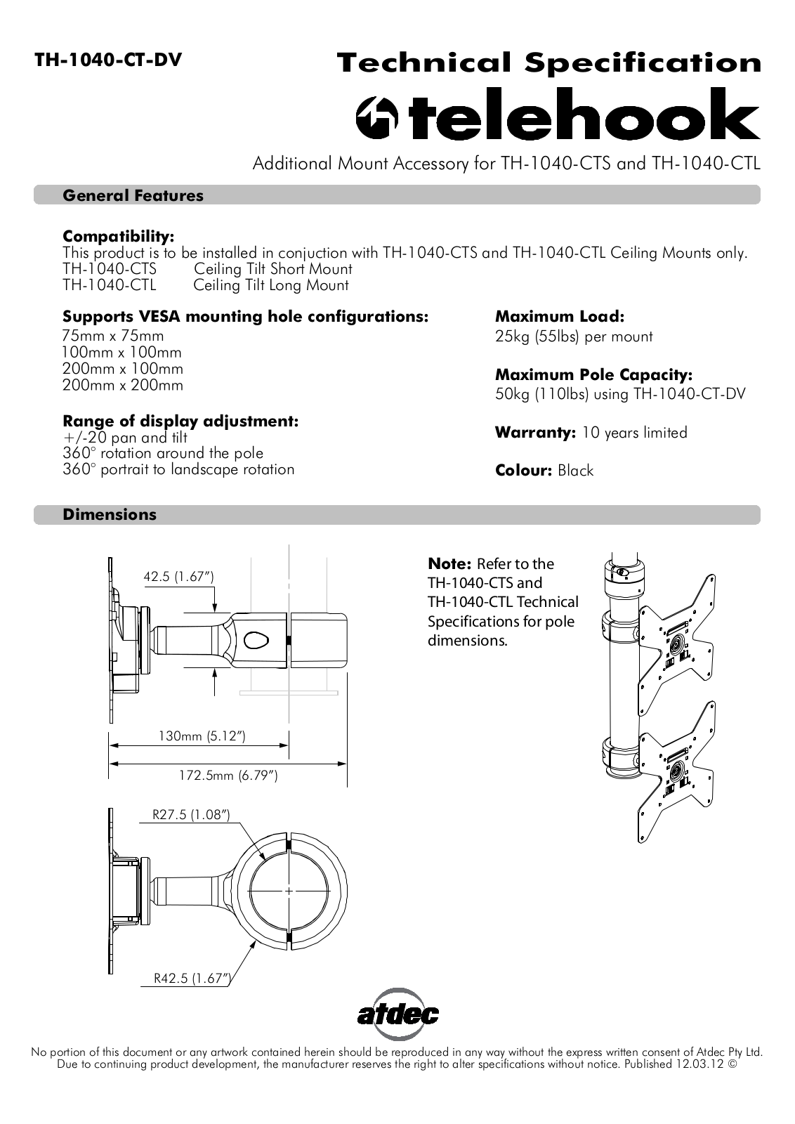 Atdec TH-1040-CT-DV Technical specs