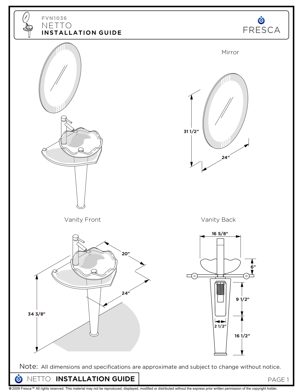 Fresca FVN1036 Installation Manual