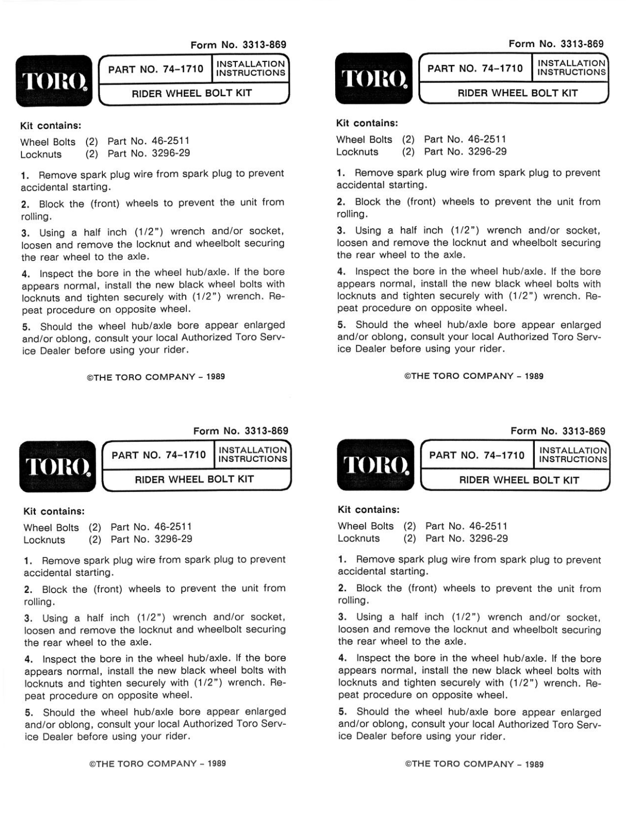 Toro 74-1710 Installation Instructions