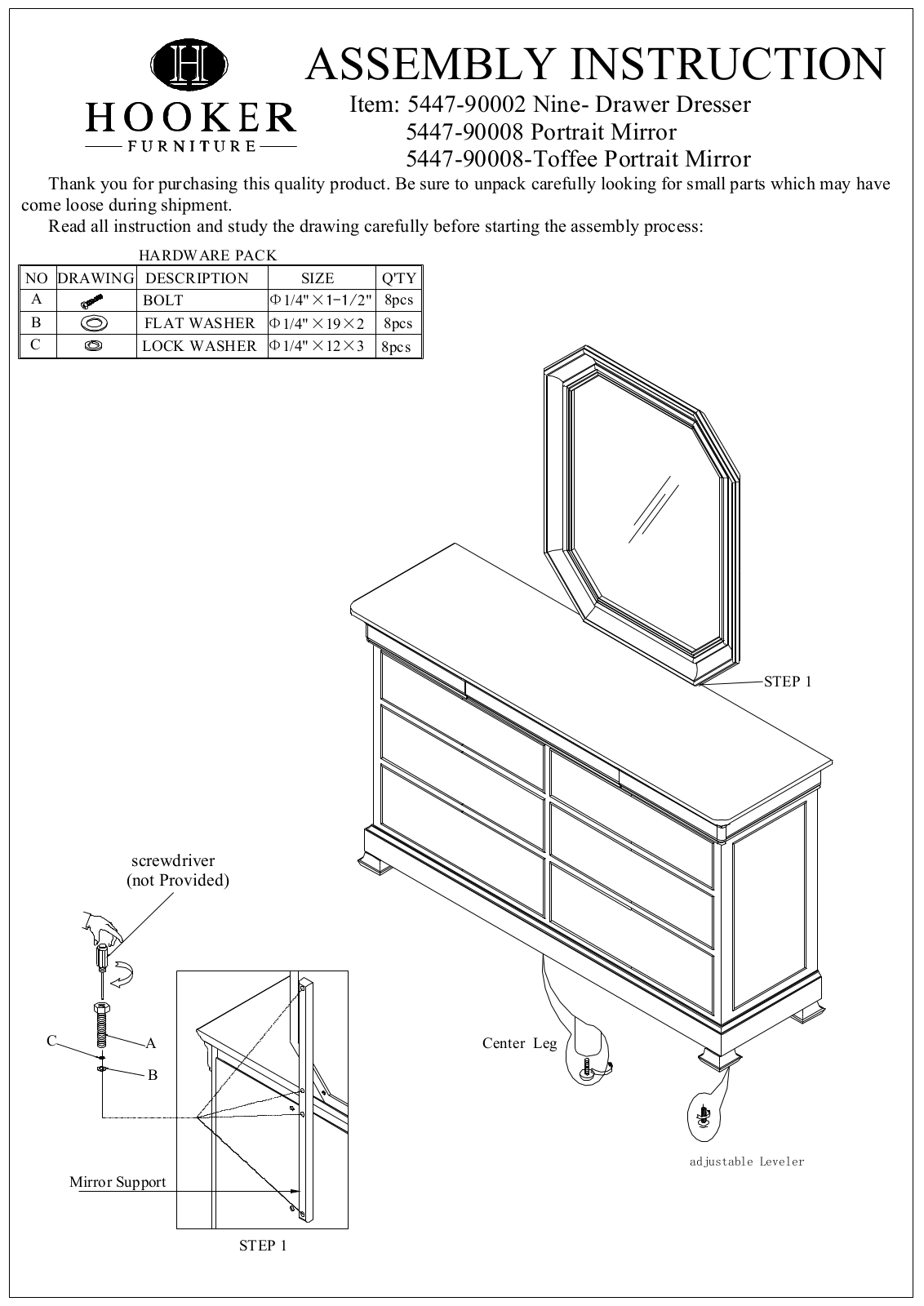 Hooker Furniture 544790002DRS, 544790002, 544790008MIR, 544790008 Assembly Guide