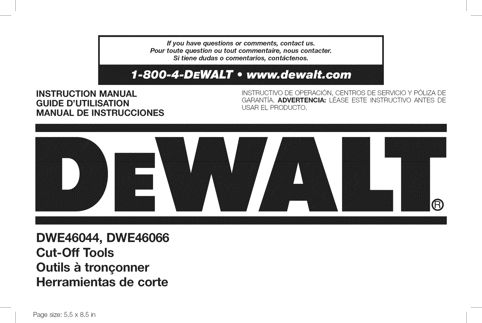 DeWalt DWE46066 TYPE 1, DWE46044 TYPE 1 Owner’s Manual