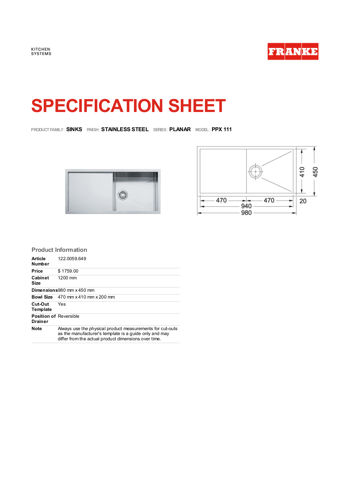 Franke Foodservice PPX 111 User Manual