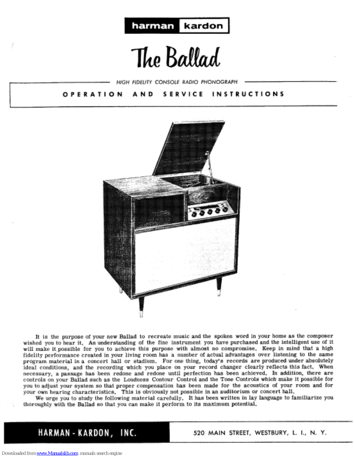 Harman Kardon The Ballad Operation And Service Instructions Manual