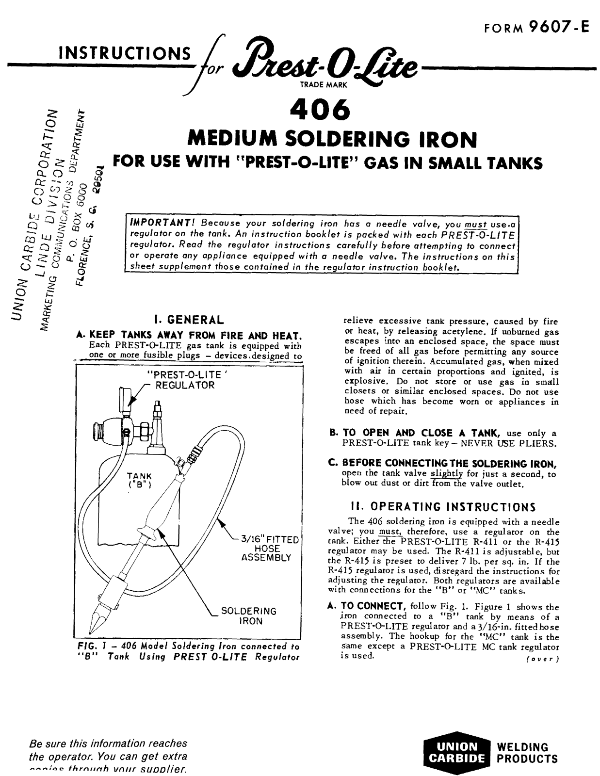 UNION CARBIDE Prest-O-Lite 406 Medium Soldering Iron Troubleshooting instruction