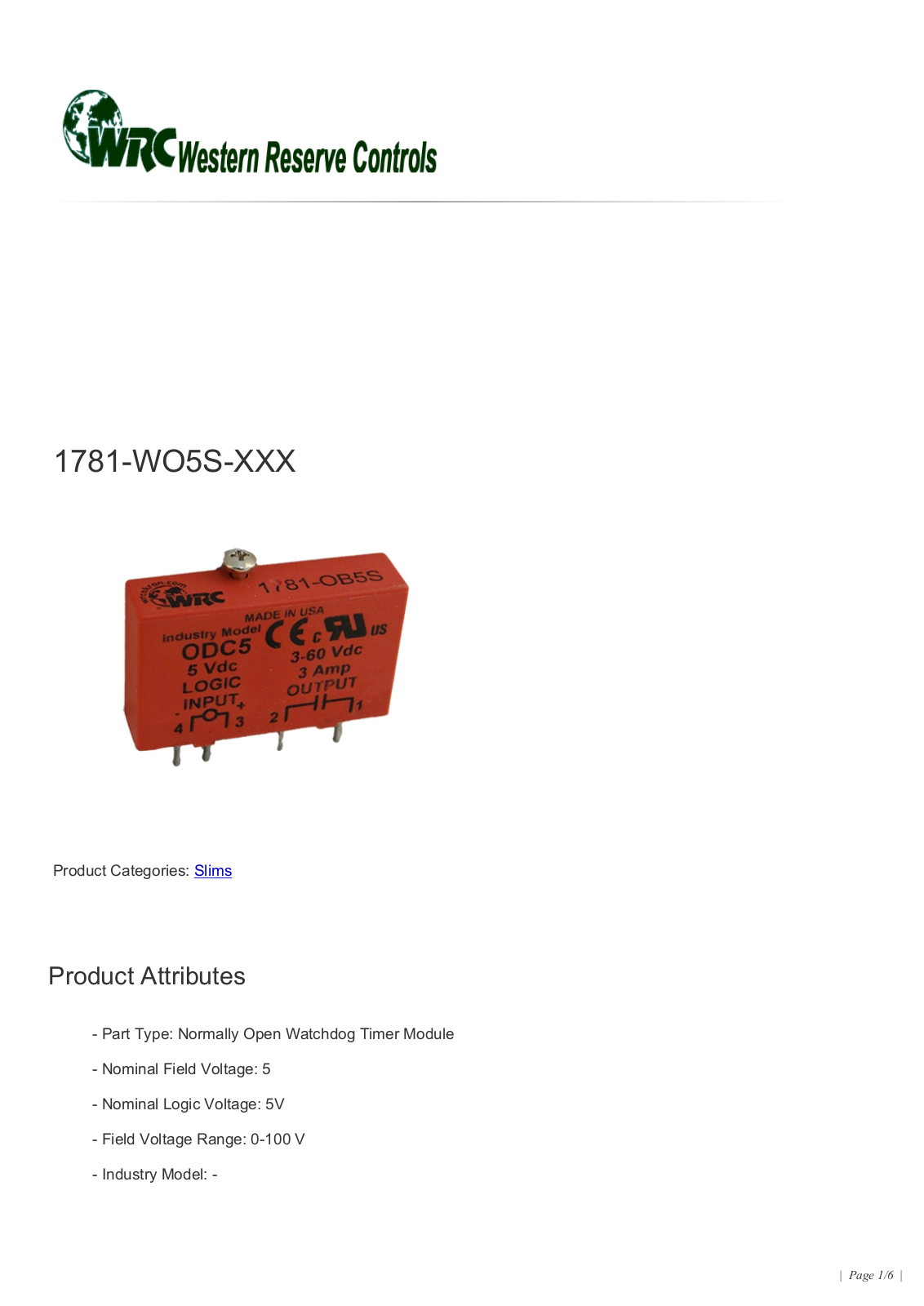 Western Reserve Controls 1781-WO5S-XXX Data Sheet